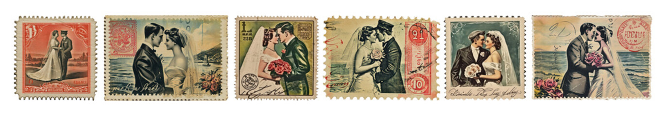 Wall Mural - Vintage postage stamps of marriage png on transparent background