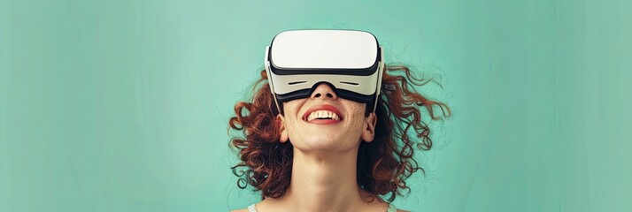 Fototapete - Young woman smiling while wearing white virtual reality glasses. Generative AI