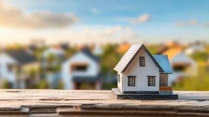 Wall Mural - A miniature house model placed on a rustic wooden table against a blurred background of a suburban neighborhood, symbolizing real estate investment. 