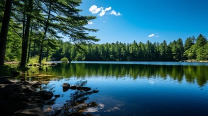 Canvas Print - Pristine lake mirrors forest surroundings.