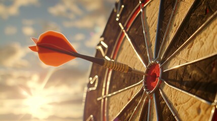 Red dart arrow hit in the target center of dartboard