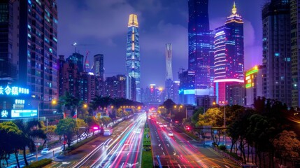 Fototapete - Shenzhen city buildings at night and blurred