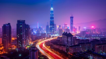 Fototapete - Shenzhen city buildings at night and blurred