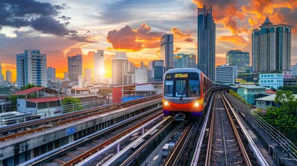 Poster - sky trains and mass transportation station with modern building