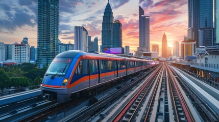 Poster - sky trains and mass transportation station with modern building
