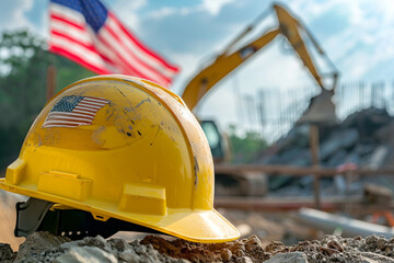 yellow safety helmet of a worker and an American flag on the background of a construction site, labor day 