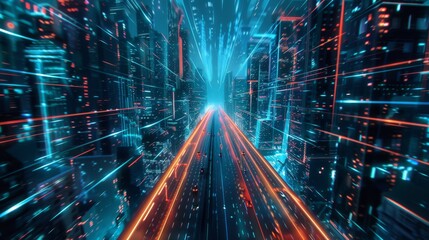 Fototapete - Smart city with speed line glowing light trail surround the city.