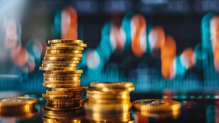 Poster - Stack of gold money coin with trading graph, financial investment