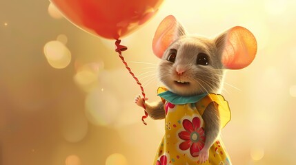 Wall Mural - A cute mouse in a colorful party dress, holding a miniature balloon