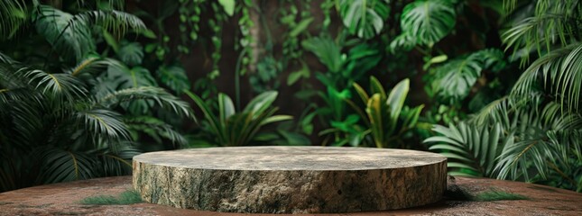 A stone pedestal set in a lush green jungle, surrounded by tropical plants. Perfect for nature-themed product displays, eco-friendly promotions, and botanical branding.