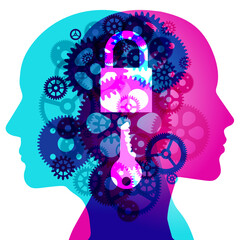 Wall Mural - Human heads with gears and padlock representing conceptual security of thoughts and information.