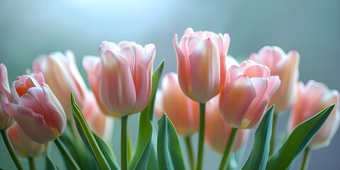 Wall Mural - Delicately illuminated display of light pink tulips on a simple backdrop. Concept Floral Photography, Tulip Display, Pink Flowers, Elegant Backdrop, Soft Lighting