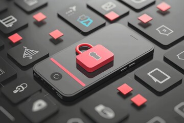 High tech macro photograph of a keyboard with a pink padlock and digital icons, highlighting secure online transactions and digital security