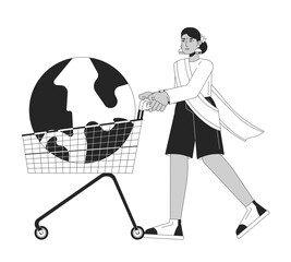 Poster - Indian woman pushing cart with earth globe black and white 2D illustration concept. Hindu female overconsumption cartoon outline character isolated on white. Buy world metaphor monochrome vector art