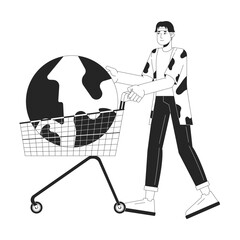 Poster - Asian man buying whole world 2D linear illustration concept. Korean male buyer with shopping cart cartoon outline character isolated on white. Overconsumption metaphor monochrome vector art