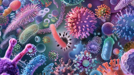 Wall Mural - Detailed microscopic view of bacteria with various forms and sizes