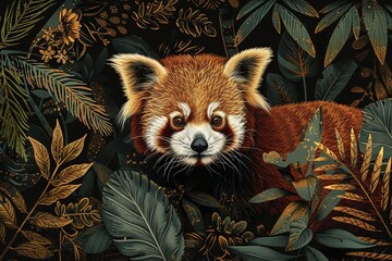 Wall Mural - Red panda amidst lush foliage, intricate leaf patterns and rich