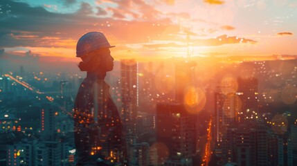 Poster - The double exposure image of the engineer standing back during sunrise overlay