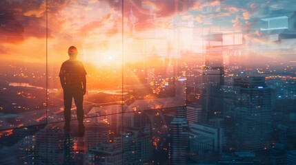 Poster - The double exposure image of the engineer standing back during sunrise overlay