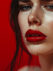 Wall Mural - A close-up of a young woman with red lipstick, tears streaming down her face, and mascara running down her cheeks on a colored backdrop. Generative AI