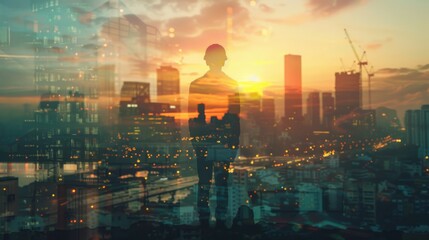 Poster - The double exposure image of the engineer standing back during sunrise overlay