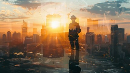Poster - The double exposure image of the engineer standing back during sunrise overlay