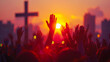 © Robert Kneschke - People raising hands in worship at sunset with city silhouette and cross