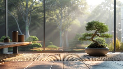 minimalistic zen room with bamboo mat and bonsai tree embodies tranquility and simplicity zen-inspired banner design concept