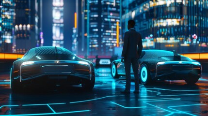 Aufkleber - Unrecognizable male enterprise executive connecting two robotic cars via an smart network.