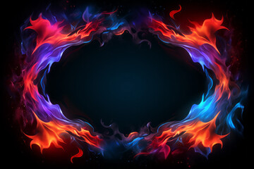 Wall Mural - abstract blue and red fire flames frame on black background. template or banner, creative design wit