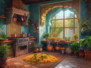 Wall Mural - A kitchen with a window and a stove. The window has a view of a city. There are many pots and pans on the stove