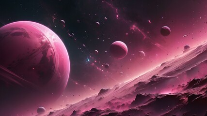 Space fantasy abstract wallpaper background with light pink planets and stars in galaxies orbits astronomy view