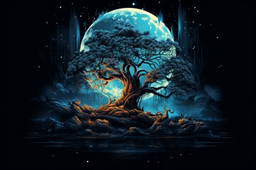 Wall Mural - Enchanting fantasy landscape with a mystical moonlit tree illustration in a serene and peaceful night sky, featuring glowing stars and an otherworldly ambiance