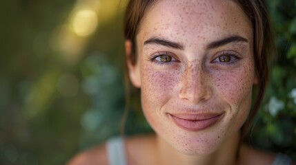 Canvas Print - Freckled Woman Smiling, Close-Up Portrait, Natural Beauty, Expressive Brown Eyes, Outdoors Background, Bokeh Effect