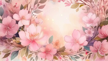 Wall Mural - Pink pastel floral frame with watercolor