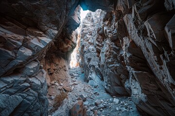 Poster - Moody, blue-toned image of a slot canyon with sunlight filtering from above, emphasizing texture and form