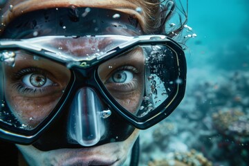 Wall Mural - Snorkeling mask view capturing underwater flora and fauna