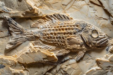 Leinwandbilder - Close-up of a fish fossil imprint on sedimentary rock showcasing natural history