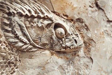 Poster - A detailed image showing the texture and form of a fish fossil sculpture on a wall