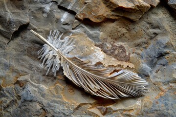 Poster - An isolated feather rests on a layered rock surface, highlighting its fine structure and natural beauty