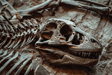 Leinwandbilder - Intricately detailed fossil of a dinosaur skull and surrounding skeletal structure set in stone