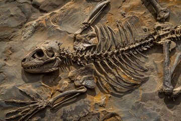 Leinwandbilder - Detailed close-up showing the fossilized remains of a dinosaur skeleton within the sedimentary rock