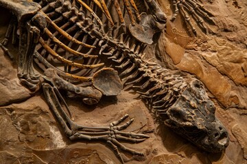 Leinwandbilder - Showing a detailed ancient reptile skeleton, this fossil captures a moment frozen in time, perfect for educational and science themes