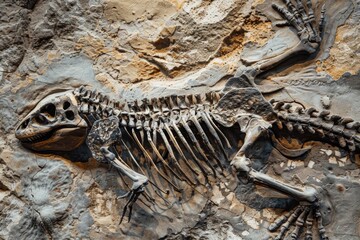 Leinwandbilder - A close-up, high-resolution image of a dinosaur fossil, showcasing its skeletal structure within the rock formation