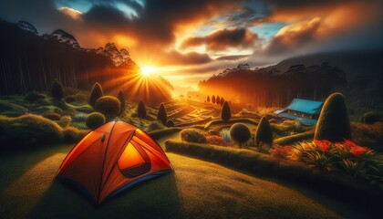 An image of a camping orange tent at sunrise at stunning garden