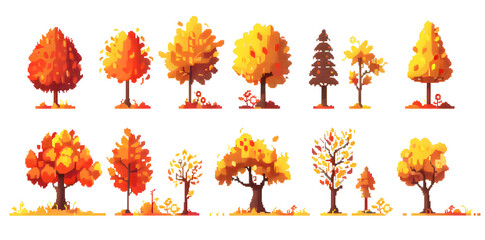 Pixel autumn yellow trees and bushes collection for arcade game assets isolated on white background