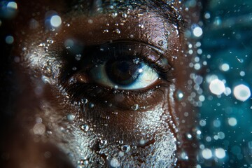 Aufkleber - Exquisite macro photography showcasing the detailed textures of a human eye with surrounding water bubbles