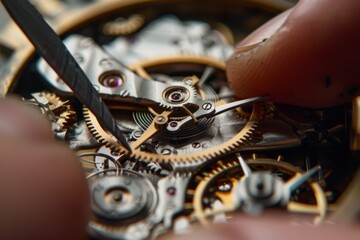 Aufkleber - A highly detailed image of a person repairing the intricate gears and springs of a clockwork mechanism