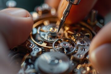 Aufkleber - Close-up photograph showing the detailed work of a watchmaker's hand tool operation on sophisticated watch mechanics