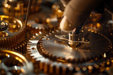 Aufkleber - A macro image showcasing the shining golden gears of a luxury watch being worked on